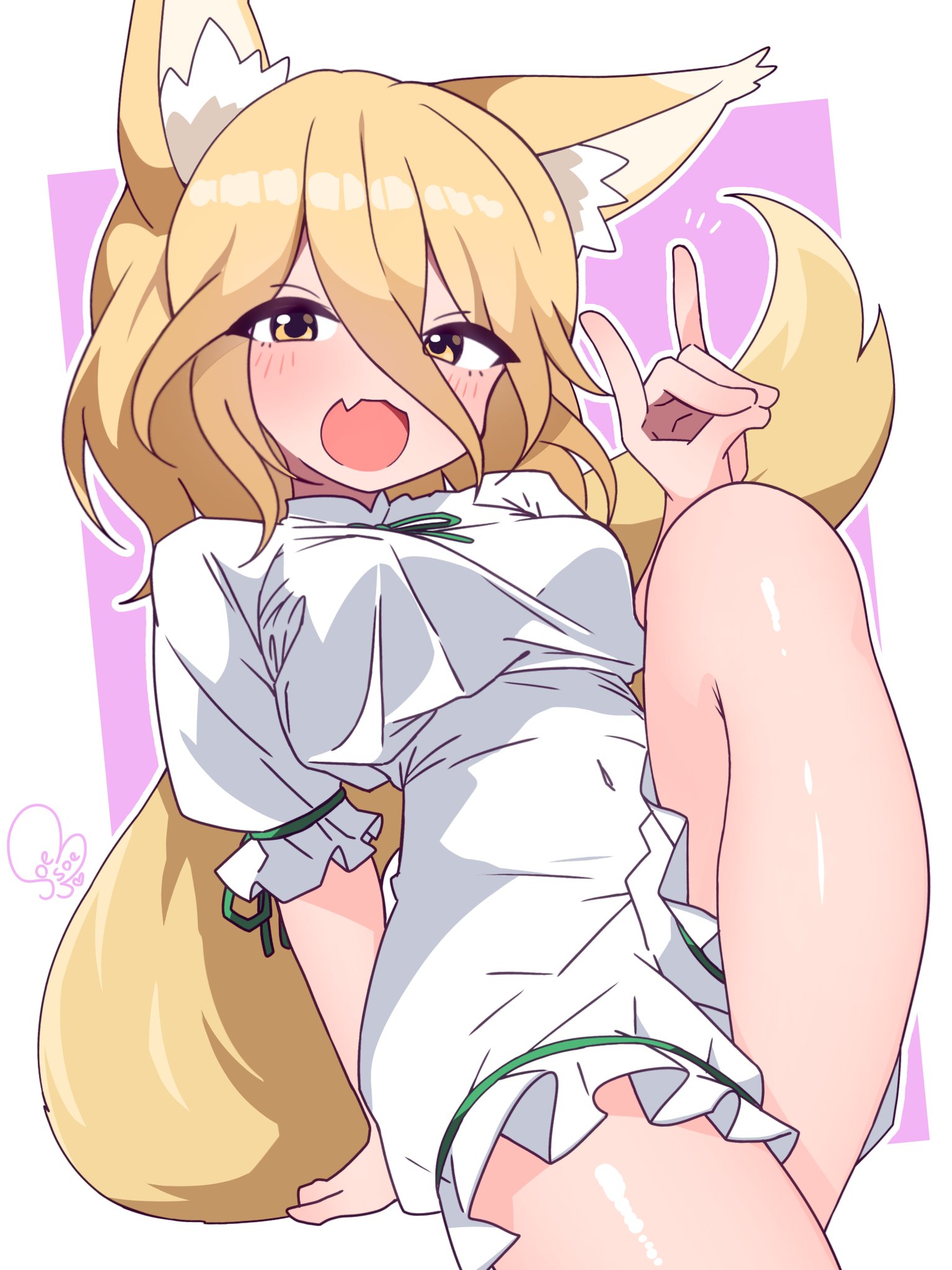 soesoe300, kudamaki tsukasa, touhou, yellow eye, highres, 1girl, animal ear fluff, animal ears, blonde hair, blush, breasts, covered navel, fang, fox ears, fox girl, fox shadow puppet, fox tail, green ribbon, hair between eyes, looking at viewer, neck ribbon, open mouth, pink background, ribbon, romper, short sleeves, simple background, skin fang, solo, tail, white romper