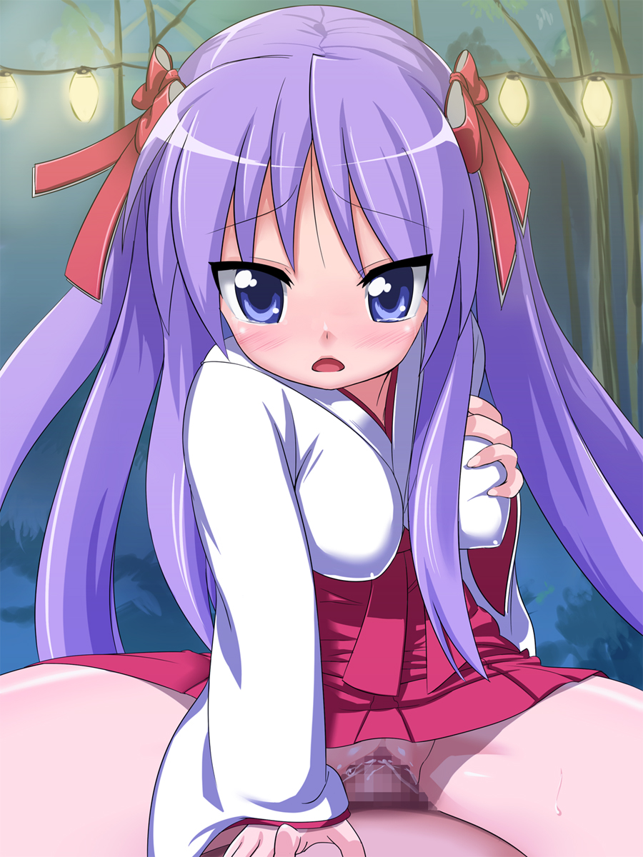 nyamota, hiiragi kagami, lucky star, highres, 00s, 1boy, 1girl, blue eyes, bow, breasts, censored, cowgirl position, girl on top, grabbing own breast, hetero, japanese clothes, miko, no panties, outdoors, penis, pov, purple hair, pussy, ribbon, sex, spread legs, straddling, sweat, tears, twintails, vaginal