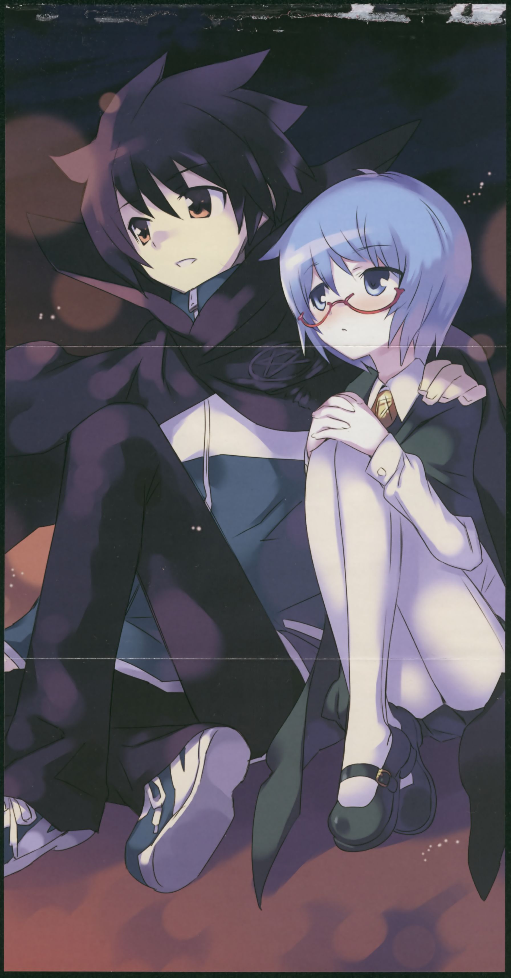 usatsuka eiji, hiraga saito, tabitha (zero no tsukaima), zero no tsukaima, absurdres, highres, scan, 00s, 1boy, 1girl, black hair, blue eyes, blue hair, brown eyes, cape, crease, glasses, long legs, pantyhose, pentacle, short hair, white pantyhose
