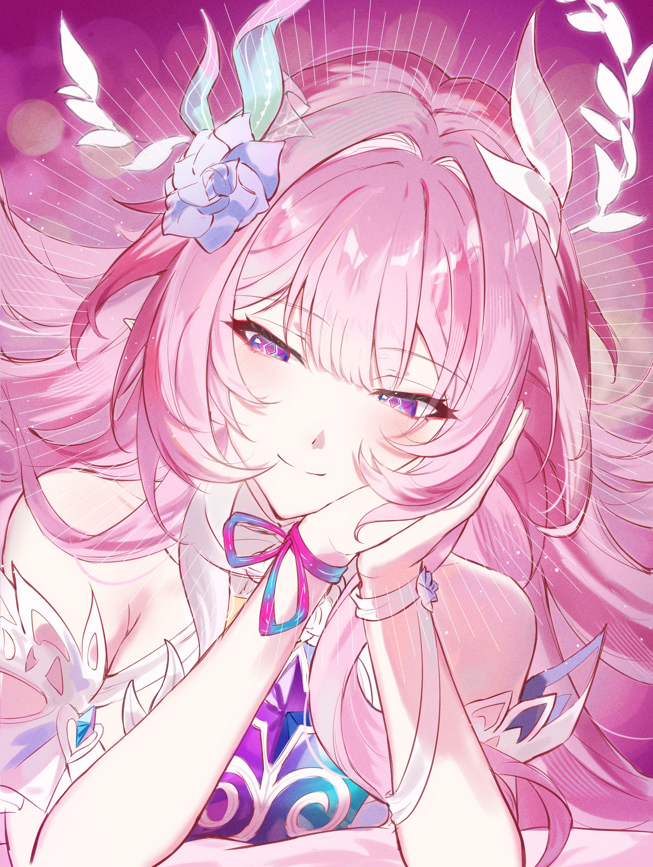 kinoerou, cyrene (honkai: star rail), cyrene (ripples of past reverie) (honkai: star rail), honkai: star rail, honkai (series), absurdres, hashtag-only commentary, highres, 1girl, bare shoulders, breasts, diamond-shaped pupils, diamond (shape), dress, flower, hair flower, hair ornament, halo, hand on own cheek, hand on own face, large breasts, pink background, pink hair, pointy ears, purple eyes, smile, solo, symbol-shaped pupils, upper body, white dress