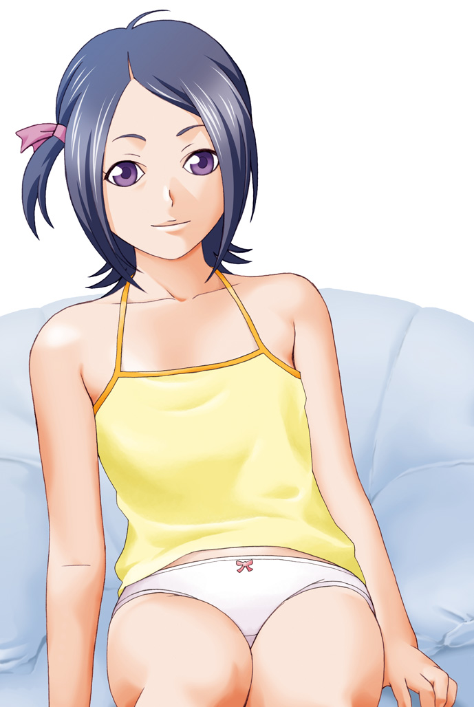 ranmaru, kaminogi haruka, noein, bad id, bad pixiv id, 00s, blue hair, camisole, collarbone, flat chest, hair ribbon, halterneck, panties, purple eyes, ribbon, short hair, sitting, solo, underwear
