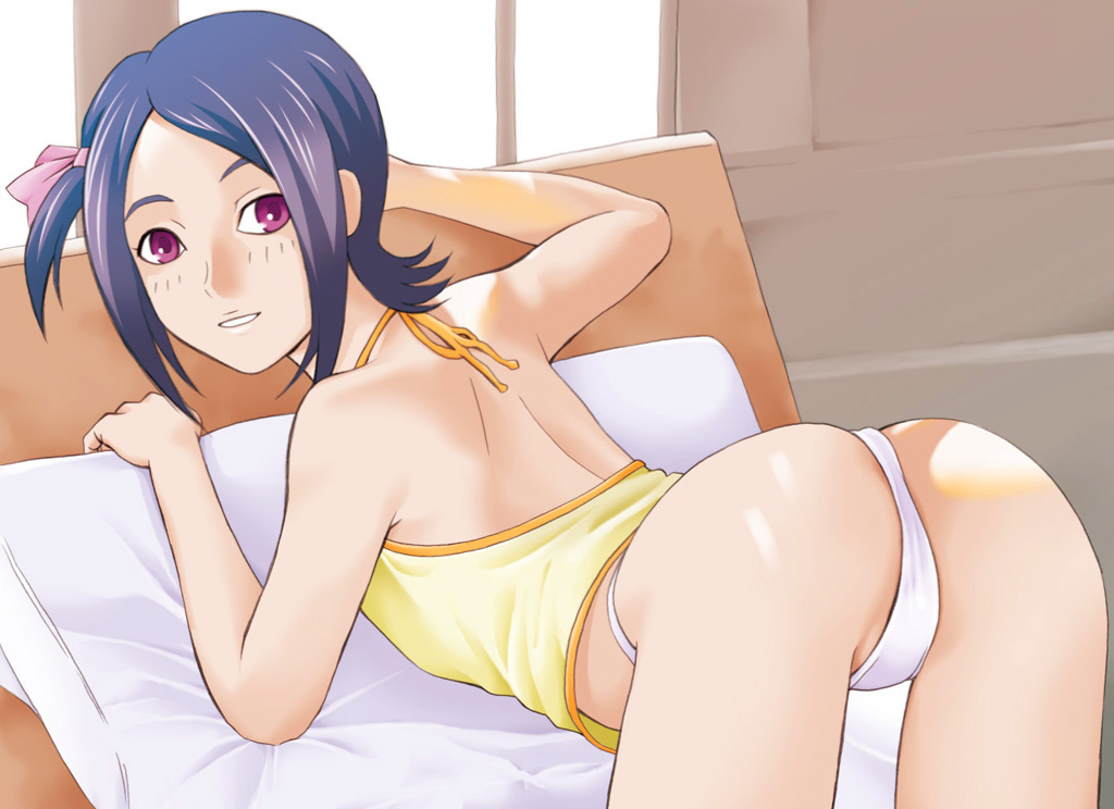 ranmaru, kaminogi haruka, noein, 00s, 1girl, ass, back, bare shoulders, bent over, blue hair, female focus, halterneck, looking back, panties, purple eyes, short hair, solo, underwear