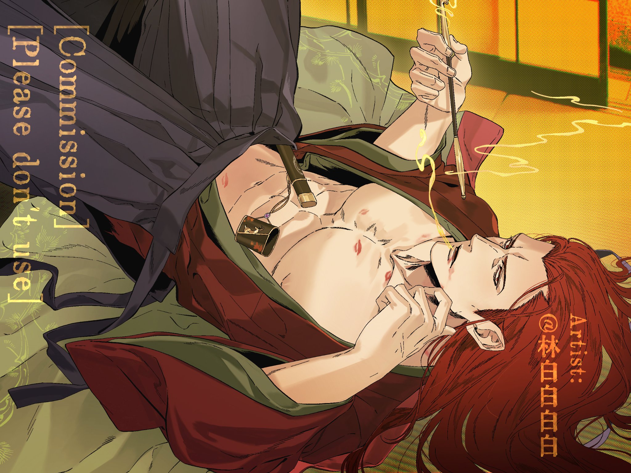 an ling withered, kibagami genjuro, samurai spirits, commission, highres, 1boy, abs, bare pectorals, blue pants, hakama, hakama pants, holding, holding smoking pipe, japanese clothes, kimono, kiseru, lipstick, lipstick mark, lipstick mark on chest, lipstick mark on stomach, long hair, looking at viewer, lying, makeup, male focus, muscular, muscular male, on back, pants, pectorals, red hair, red kimono, smeared lipstick, smoking, smoking pipe, solo, twitter username, watermark