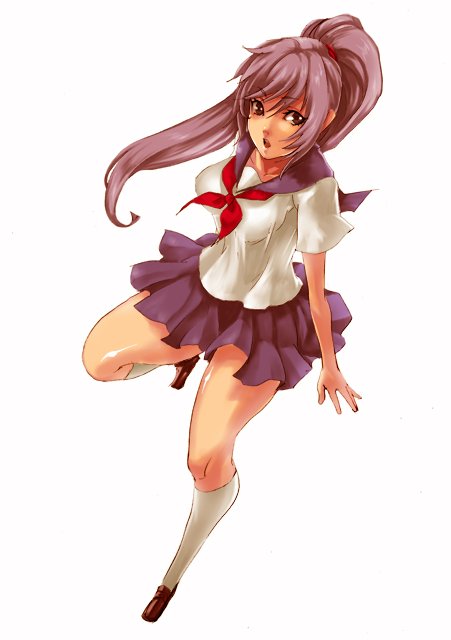 tamachi kuwa, original, 1girl, female focus, full body, long hair, ponytail, school uniform, serafuku, shoes, simple background, skirt, socks, solo, standing, white background