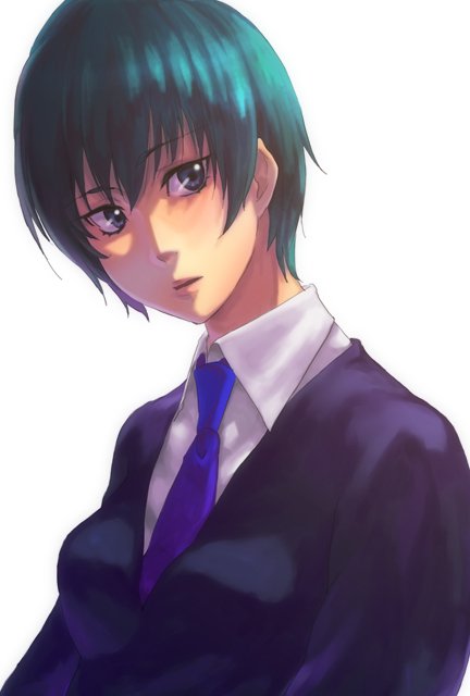 tamachi kuwa, original, gender request, androgynous, blush, green eyes, green hair, necktie, short hair, solo