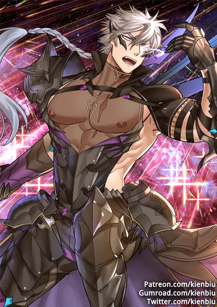 kienbiu, chase (king's raid), king's raid, 1boy, arm armor, armor, armpit peek, asymmetrical armor, backless shirt, belt, black armor, black belt, black gloves, blue eyes, bracer, braid, braided ponytail, closed mouth, dynamic pose, facial mark, fighting stance, gauntlets, gloves, grey background, grey hair, holding, holding polearm, holding weapon, knight, large pectorals, leg armor, light particles, long braid, long hair, male focus, muscular, muscular male, pectorals, polearm, purple eyes, see-through clothes, shoulder armor, sideless outfit, silk, single braid, solo, standing, weapon