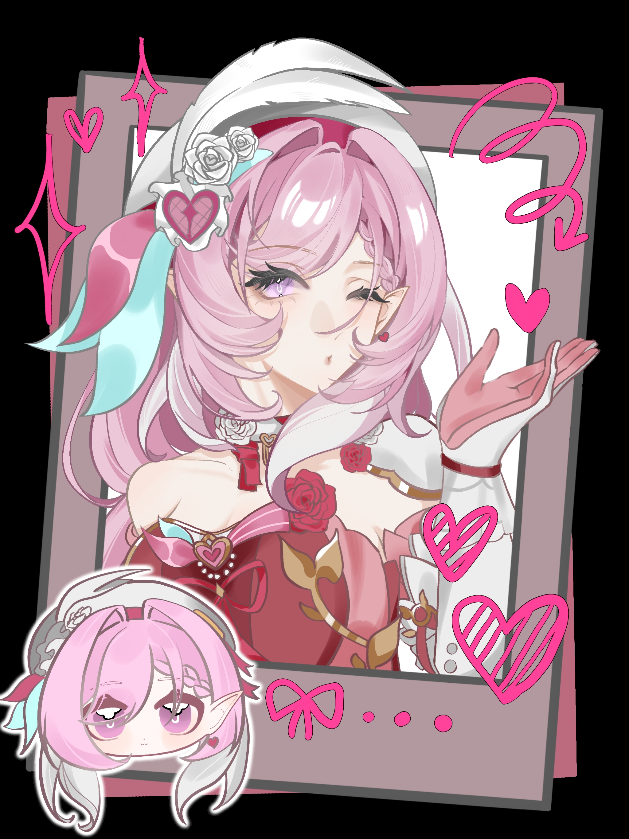 elysia (hi love elf) (honkai impact), elysia (honkai impact), honkai (series), honkai impact 3rd, absurdres, chinese commentary, commentary request, highres, 1girl, beret, black background, blowing kiss, breasts, cleavage, diamond-shaped pupils, diamond (shape), dress, gloves, hat, heart, large breasts, long hair, multicolored hair, pink gloves, pink hair, polaroid photo, purple eyes, red dress, solo, symbol-shaped pupils, two-tone hair, very long hair, white hair, yinan de lu jiu