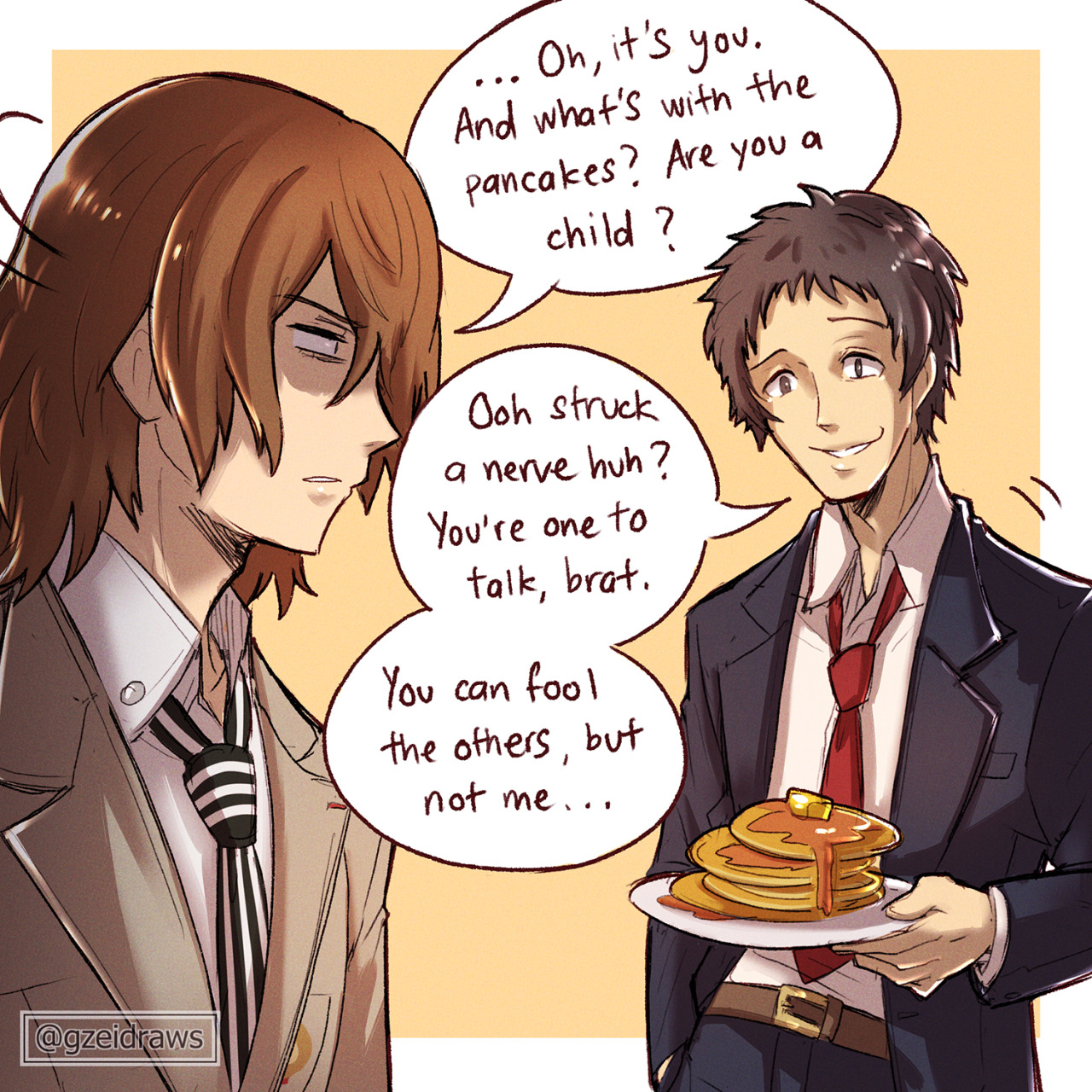 gzei, adachi tooru, akechi gorou, persona, persona 4, persona 5, highres, 2boys, black suit, brown hair, business suit, food, formal clothes, jacket, male focus, multiple boys, necktie, pancake, red necktie, striped clothes, striped necktie, suit, suit jacket, vertical-striped clothes, vertical-striped necktie