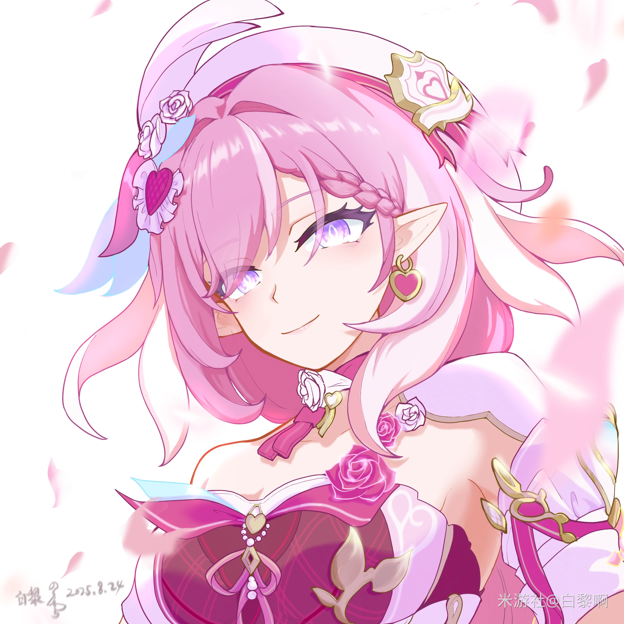 dou mei chiwan liao, elysia (hi love elf) (honkai impact), elysia (honkai impact), honkai (series), honkai impact 3rd, chinese commentary, commentary request, highres, 1girl, beret, breasts, dated, earrings, elf, falling petals, hat, heart, heart earrings, jewelry, large breasts, looking at viewer, miyoushe watermark, multicolored hair, petals, pink hair, pointy ears, purple eyes, short hair, simple background, smile, solo, two-tone hair, upper body, watermark, white background, white hair