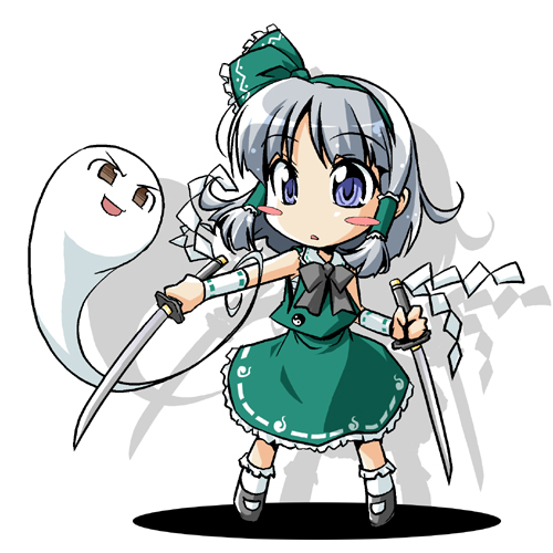 nino (artist), nino (ninouchi irazu), hakurei reimu, konpaku youmu, konpaku youmu (ghost), touhou, silver hair, lowres, 1girl, blue eyes, child, dual wielding, female focus, hair tubes, holding, if they mated, katana, ribbon, solo, sword, weapon, yukkuri shiteitte ne