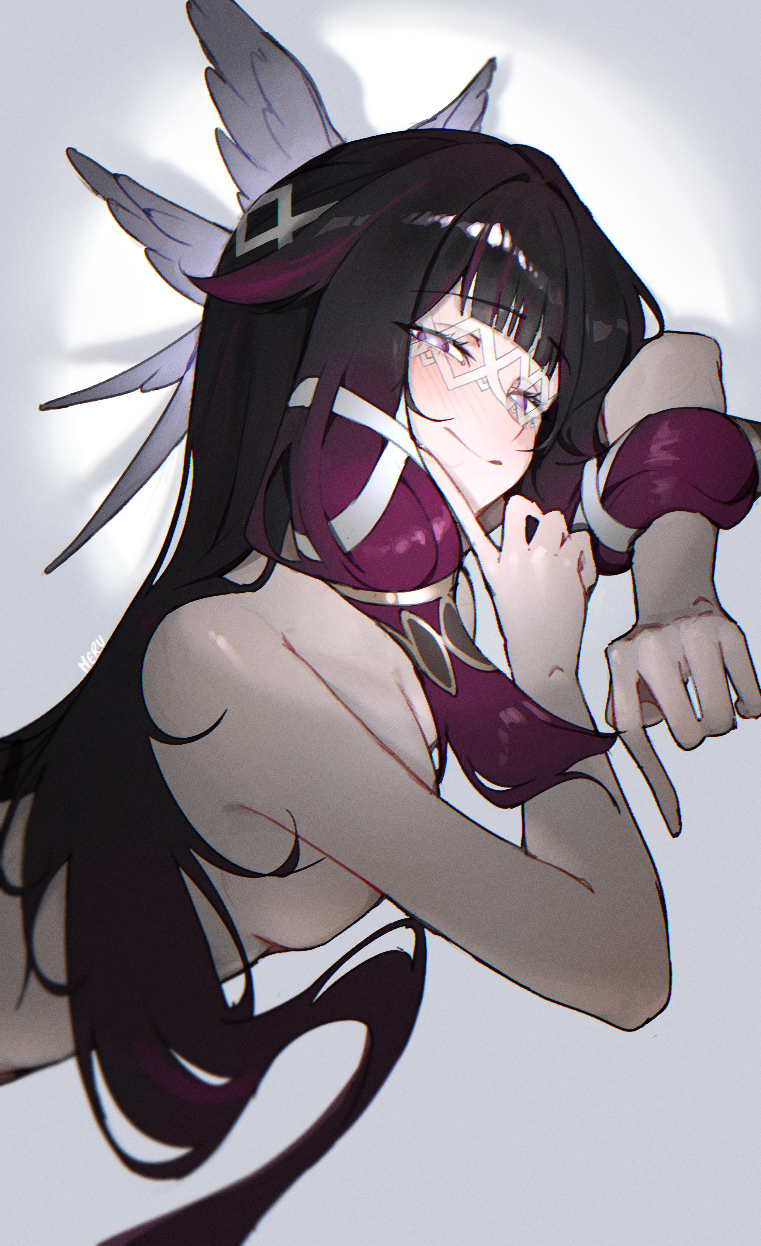 m3ru, columbina (genshin impact), genshin impact, absurdres, commentary, highres, 1girl, black hair, blush, breast press, breasts, colored tips, eye mask, finger to own chin, grey background, head wings, long hair, looking at viewer, lying, medium breasts, multicolored hair, nude, on stomach, purple eyes, purple hair, smile, solo, unusually open eyes, upper body, vignetting, white mask, wings, x-shaped eyewear