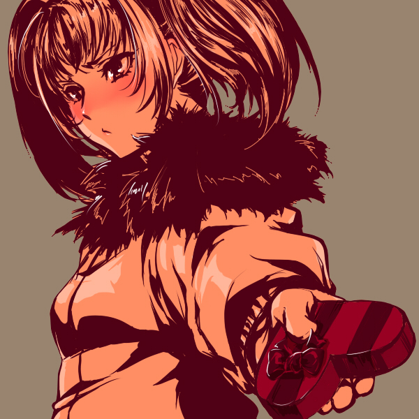 tamachi kuwa, original, 1girl, blush, brown hair, chocolate, embarrassed, female focus, gift, heart, incoming gift, monochrome, simple background, solo, spot color, twintails, upper body, valentine