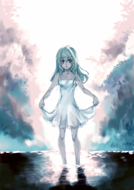 tamachi kuwa, original, blue eyes, blue hair, clothes lift, dress, dress lift, long hair, skirt hold, solo, water