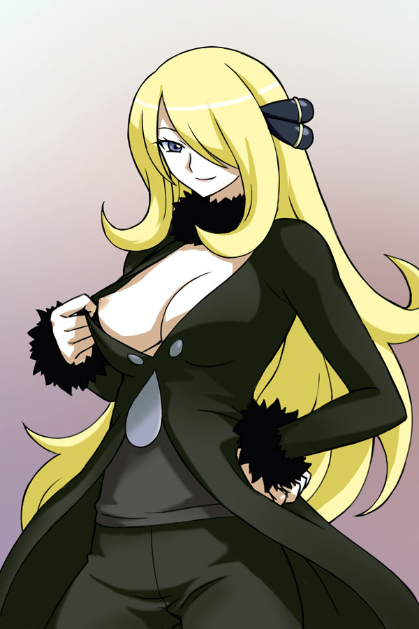 michael f91, cynthia (pokemon), nintendo, pokemon, pokemon dppt, 00s, 1girl, blonde hair, blue eyes, breasts, female focus, hair over one eye, large breasts, long hair, nipple slip, nipples, no bra, smile, solo