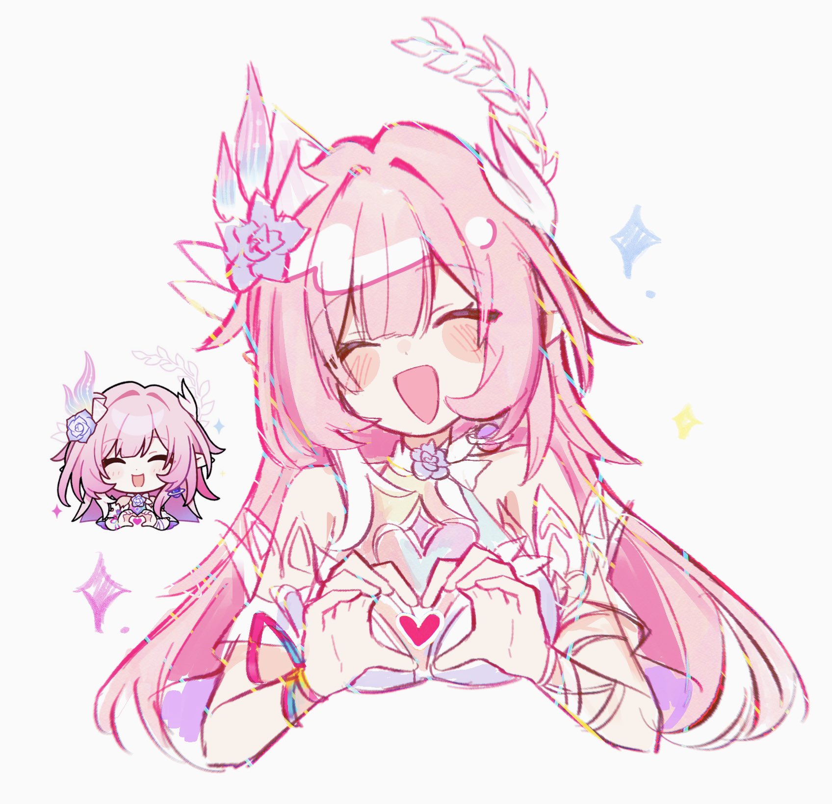 mi (27782900), cyrene (honkai: star rail), cyrene (ripples of past reverie) (honkai: star rail), honkai: star rail, honkai (series), commentary, highres, symbol-only commentary, 1girl, blush stickers, breasts, chibi, chibi inset, cropped torso, dress, flower, hair flower, hair ornament, halo, heart, heart hands, honkai: star rail sticker redraw (meme), large breasts, long hair, meme, official art inset, pink hair, pointy ears, simple background, smile, solo, very long hair, white background, white dress