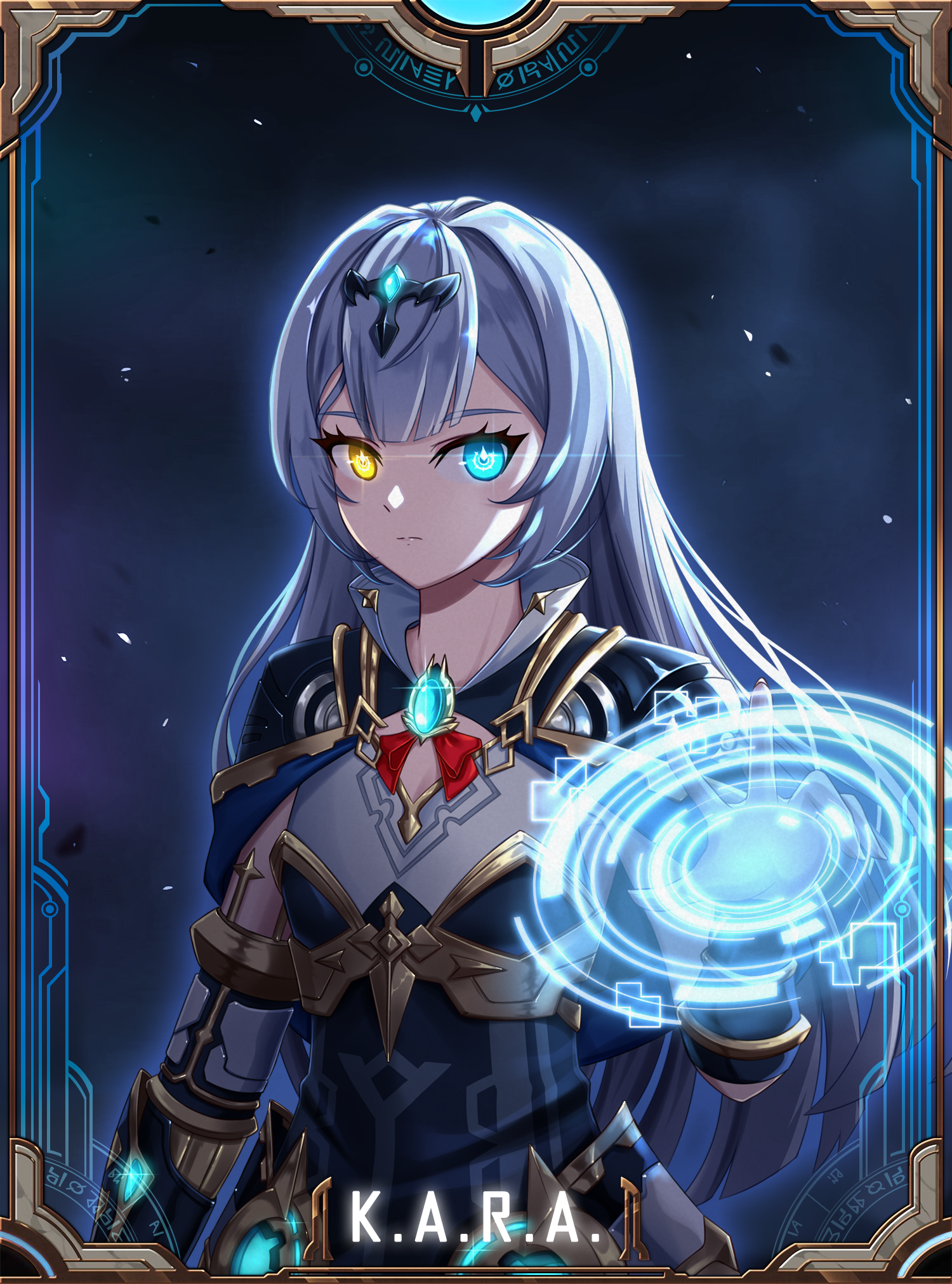 dm (nguyen dm95), kara (king's raid), king's raid, highres, 1girl, android, black capelet, black corset, blue eyes, blue hair, capelet, character name, chest jewel, corset, flat chest, hair ornament, heterochromia, long hair, looking at viewer, mechanical arms, neck ribbon, ribbon, shirt, solo, white shirt, yellow eyes