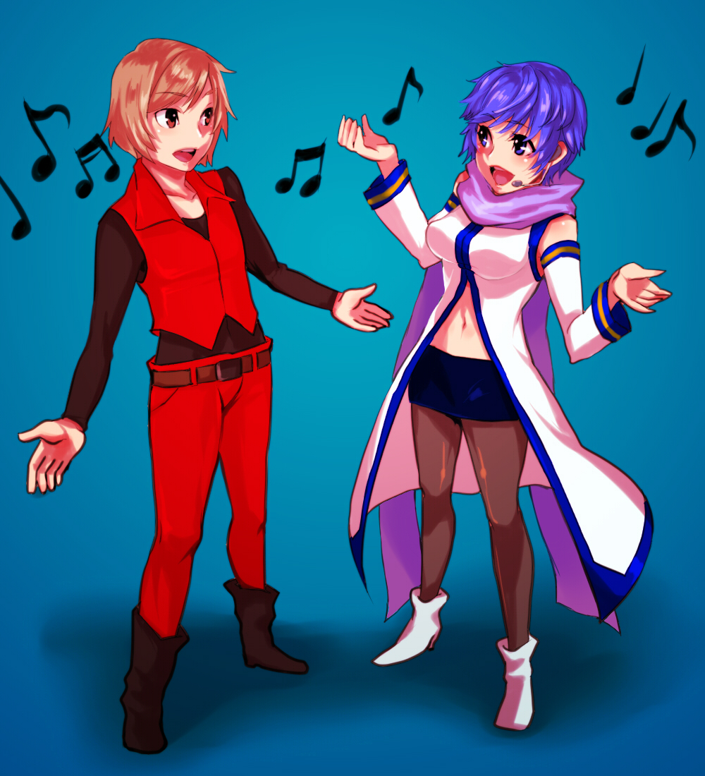 tamachi kuwa, kaiko (vocaloid), kaito (vocaloid), meiko (vocaloid), meito (vocaloid), vocaloid, 1boy, 1girl, beamed quavers, blue hair, blush, brown hair, couple, genderswap, genderswap (ftm), genderswap (mtf), microphone, miniskirt, musical note, pantyhose, pencil skirt, purple scarf, quaver, scarf, short hair, skirt