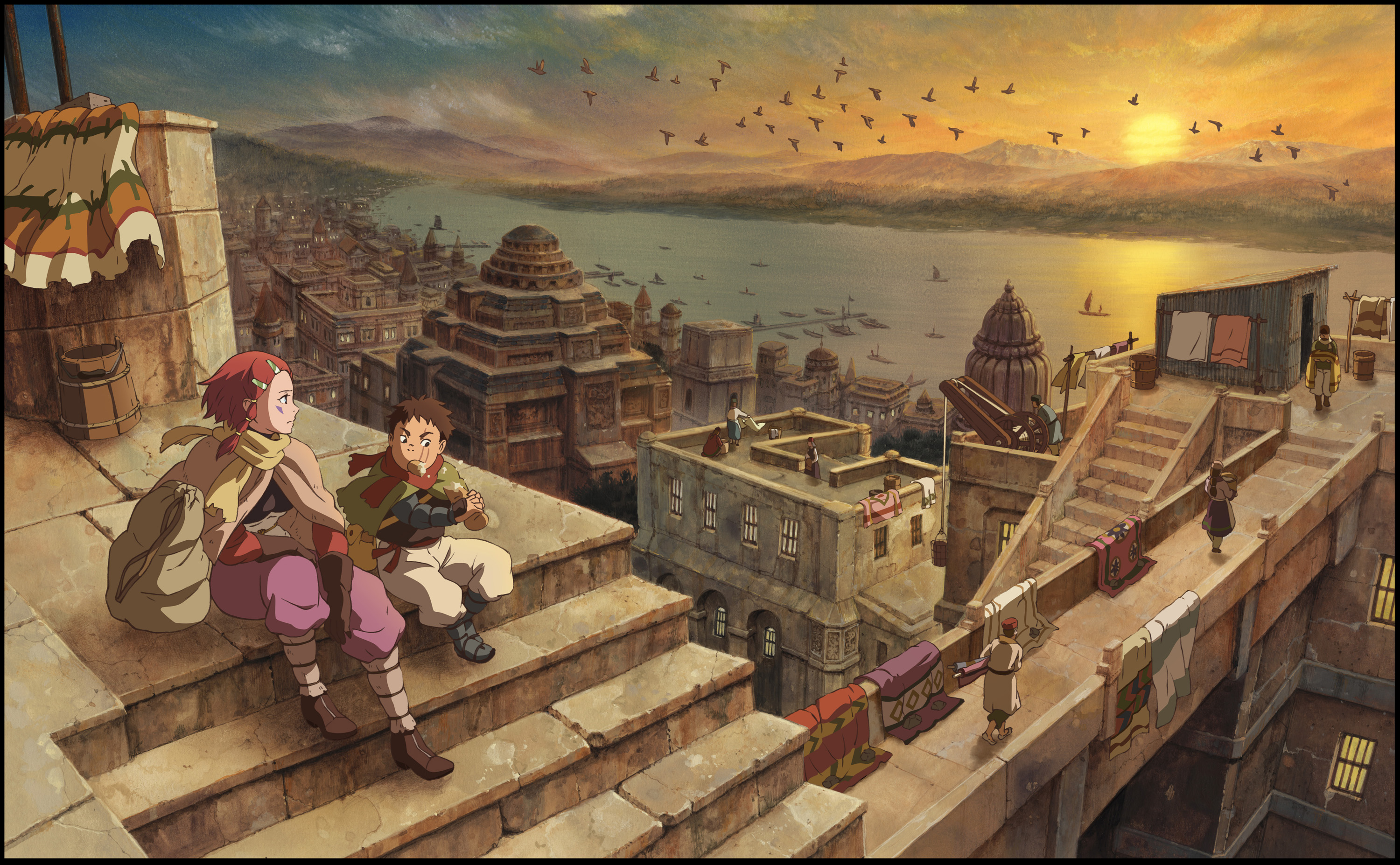 nakiami, yango, bounen no xam'd, highres, official art, 00s, 1boy, 1girl, architecture, asymmetrical hair, cityscape, eating, scenery