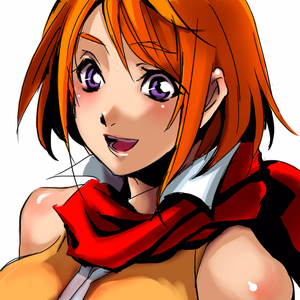 tamachi kuwa, tokiha mai, my-hime, 00s, 1girl, blush, female focus, happy, orange hair, orange shirt, purple eyes, scarf, school uniform, serafuku, shirt, short hair, solo