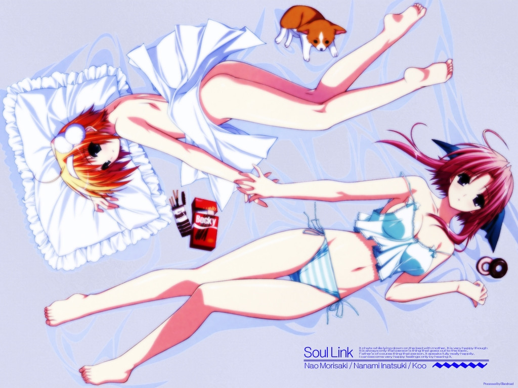 suzuhira hiro, inatsuki nanami, koo, morisaki nao, soul link, non-web source, 00s, 2girls, barefoot, camisole, dog, feet, food, frilled pillow, frills, lingerie, lying, multiple girls, panties, pillow, pocky, soles, underwear