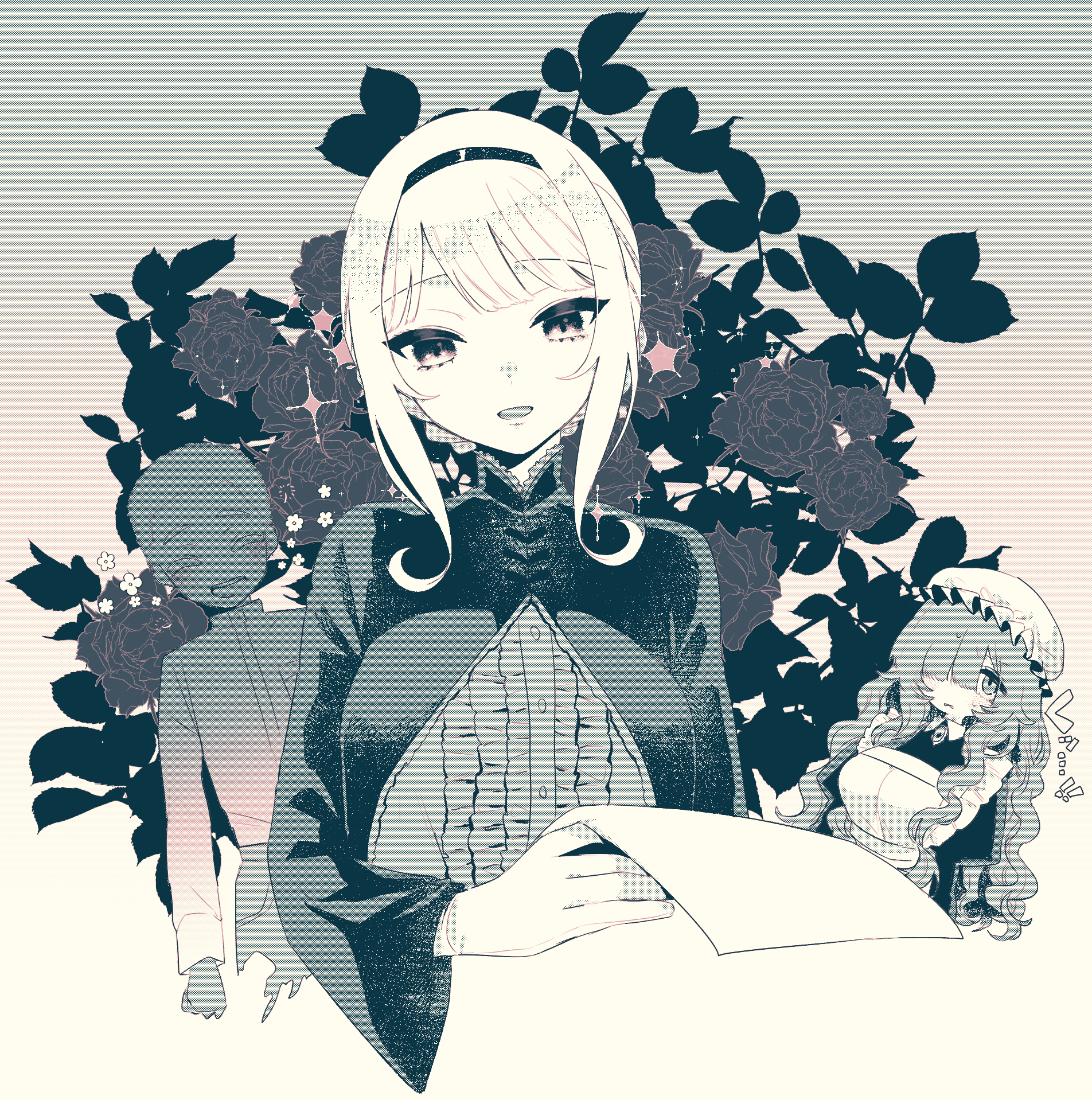 eurasia (wtp09ptw14), francoise (eurasia), original, commentary request, highres, !, !!, 1boy, 2girls, apron, breasts, brooch, collared dress, dress, flower, frilled dress, frills, grey background, hairband, hat, holding, holding paper, jacket, jewelry, long hair, long sleeves, looking at viewer, maid, maid apron, mob cap, monochrome, multiple girls, open mouth, paper, parted bangs, short hair, smile, solo focus