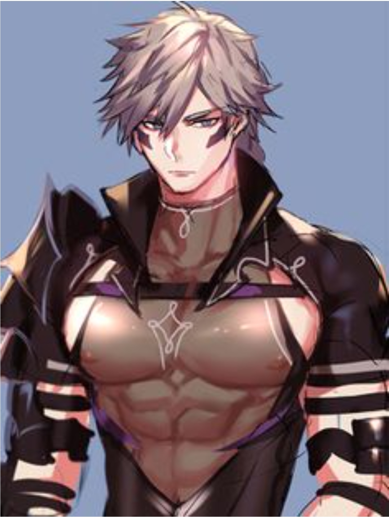 chase (king's raid), king's raid, highres, non-web source, 1boy, arm armor, armor, armpit peek, asymmetrical armor, backless shirt, belt, black armor, black belt, black gloves, blue eyes, bracer, braid, braided ponytail, closed mouth, facial mark, gloves, grey background, grey hair, knight, large pectorals, leg armor, light particles, long braid, long hair, male focus, muscular, muscular male, pectorals, purple eyes, see-through clothes, shoulder armor, sideless outfit, silk, simple background, single braid, solo, standing