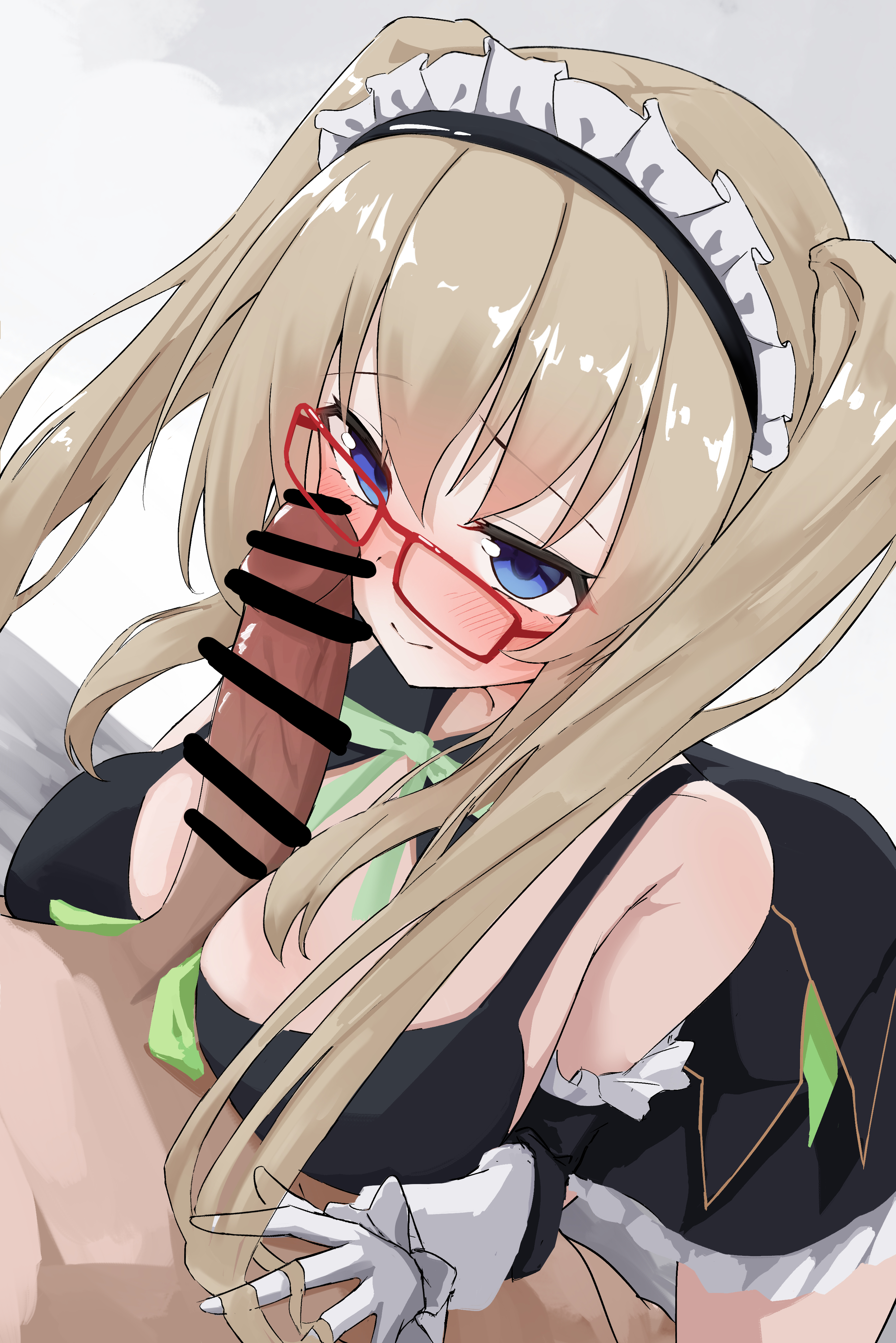 takoyaki032002, kujou miyako, 9-nine-, absurdres, commentary, highres, 1boy, 1girl, all fours, bar censor, bare shoulders, black dress, blue eyes, blush, bow, bowtie, breasts, brown hair, censored, closed mouth, detached collar, dress, dress bow, dutch angle, erection, eyelashes, frilled dress, frills, girl on top, glasses, gloves, green bow, green bowtie, hair between eyes, hetero, large breasts, long hair, looking at another, looking at penis, maid, maid headdress, nine ball maid uniform, official alternate costume, official alternate hairstyle, paizuri, penis, red-framed eyewear, short dress, simple background, sleeveless, sleeveless dress, smile, solo focus, straight hair, twintails, upturned eyes, white background, white gloves