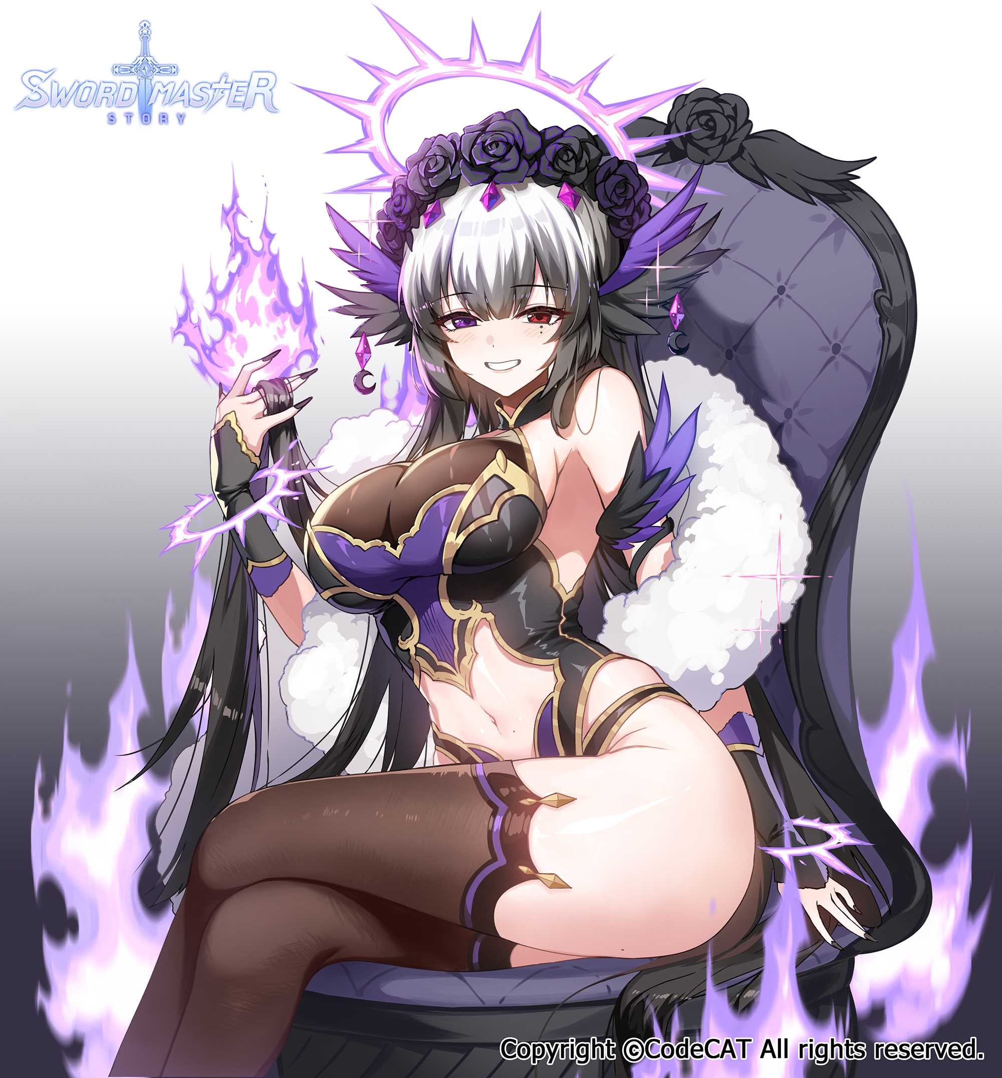 apple caramel, sword master story, highres, official art, 1girl, armpit crease, bare shoulders, black flower, black hair, black nails, black rose, black thighhighs, breasts, bridal gauntlets, chair, cleavage, clothing cutout, collared leotard, cowboy shot, crescent, crossed legs, diamond (shape), feather hair ornament, feather trim, feathers, fire, flower, fur shawl, gem, gradient background, gradient hair, grey background, grey hair, grin, hades (sword master story), hair between eyes, hair flower, hair ornament, hair over shoulder, half-closed eyes, halo, hand in own hair, heterochromia, jewelry, large breasts, leotard, long hair, mark under eye, midriff, multicolored hair, navel, on chair, purple eyes, purple fire, purple gemstone, red eyes, rose, see-through cleavage, see-through clothes, shawl, sitting, sleeveless, smile, solo, stomach cutout, thighhighs, thighs, tsurime, vambraces, very long hair