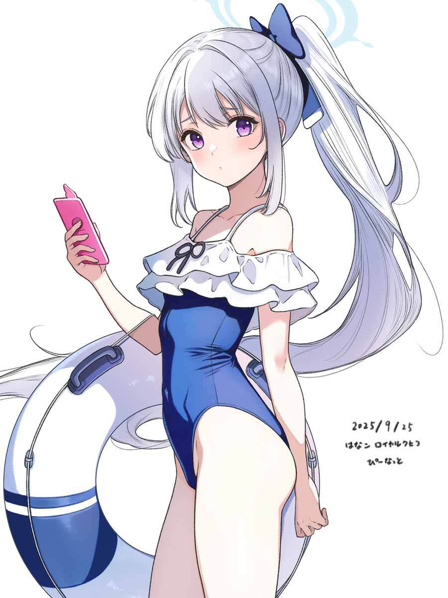 hanako (peanut), miyako (blue archive), miyako (swimsuit) (blue archive), blue archive, highres, 1girl, blue halo, blue one-piece swimsuit, bow, casual one-piece swimsuit, covered navel, dated, frilled one-piece swimsuit, frills, from side, hair bow, halo, holding, holding phone, long hair, looking at viewer, off-shoulder one-piece swimsuit, off shoulder, official alternate costume, one-piece swimsuit, phone, ponytail, purple eyes, swim ring, swimsuit, white background, white hair, white innertube