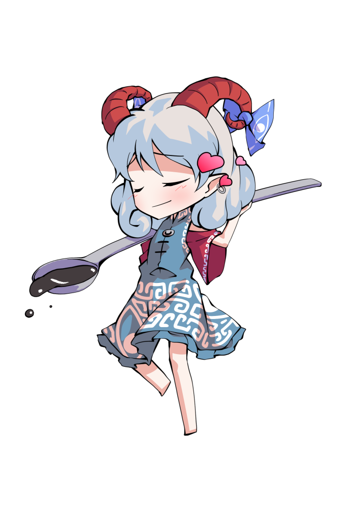 dairi, toutetsu yuuma, touhou, commentary request, large variant set, variant set, 1girl, arm up, bare shoulders, barefoot, blue dress, blue ribbon, chibi, chibi only, dress, full body, grey hair, hand up, horns, leg up, meandros, off-shoulder dress, off shoulder, petroleum, pointy ears, red sleeves, ribbon, short hair, short sleeves, solo, spoon, standing, standing on one leg, tachi-e, transparent background