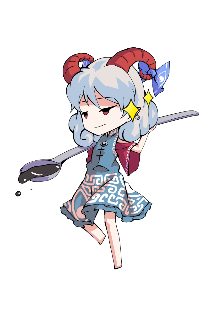 dairi, toutetsu yuuma, touhou, commentary request, large variant set, variant set, 1girl, arm up, bare shoulders, barefoot, blue dress, blue ribbon, chibi, chibi only, dress, full body, grey hair, hand up, horns, leg up, meandros, off-shoulder dress, off shoulder, petroleum, pointy ears, red sleeves, ribbon, short hair, short sleeves, solo, spoon, standing, standing on one leg, tachi-e, transparent background