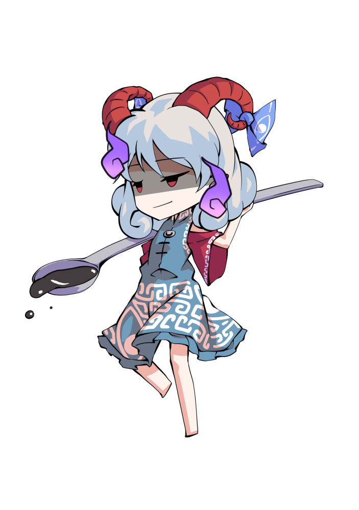 dairi, toutetsu yuuma, touhou, commentary request, large variant set, variant set, 1girl, arm up, bare shoulders, barefoot, blue dress, blue ribbon, chibi, chibi only, dress, full body, grey hair, hand up, horns, leg up, meandros, off-shoulder dress, off shoulder, petroleum, pointy ears, red sleeves, ribbon, short hair, short sleeves, solo, spoon, standing, standing on one leg, tachi-e, transparent background