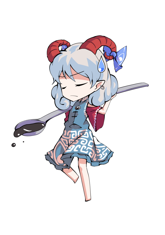 dairi, toutetsu yuuma, touhou, commentary request, large variant set, variant set, 1girl, arm up, bare shoulders, barefoot, blue dress, blue ribbon, chibi, chibi only, dress, full body, grey hair, hand up, horns, leg up, meandros, off-shoulder dress, off shoulder, petroleum, pointy ears, red sleeves, ribbon, short hair, short sleeves, solo, spoon, standing, standing on one leg, tachi-e, transparent background