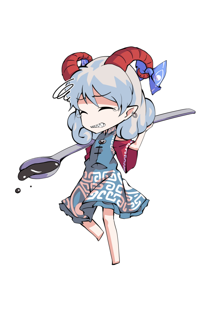dairi, toutetsu yuuma, touhou, commentary request, large variant set, variant set, 1girl, arm up, bare shoulders, barefoot, blue dress, blue ribbon, chibi, chibi only, dress, full body, grey hair, hand up, horns, leg up, meandros, off-shoulder dress, off shoulder, petroleum, pointy ears, red sleeves, ribbon, short hair, short sleeves, solo, spoon, standing, standing on one leg, tachi-e, transparent background