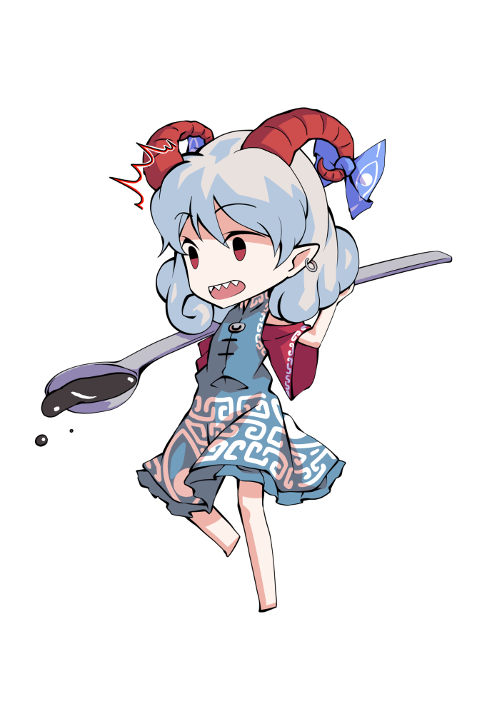 dairi, toutetsu yuuma, touhou, commentary request, large variant set, variant set, 1girl, arm up, bare shoulders, barefoot, blue dress, blue ribbon, chibi, chibi only, dress, full body, grey hair, hand up, horns, leg up, meandros, off-shoulder dress, off shoulder, petroleum, pointy ears, red sleeves, ribbon, short hair, short sleeves, solo, spoon, standing, standing on one leg, tachi-e, transparent background