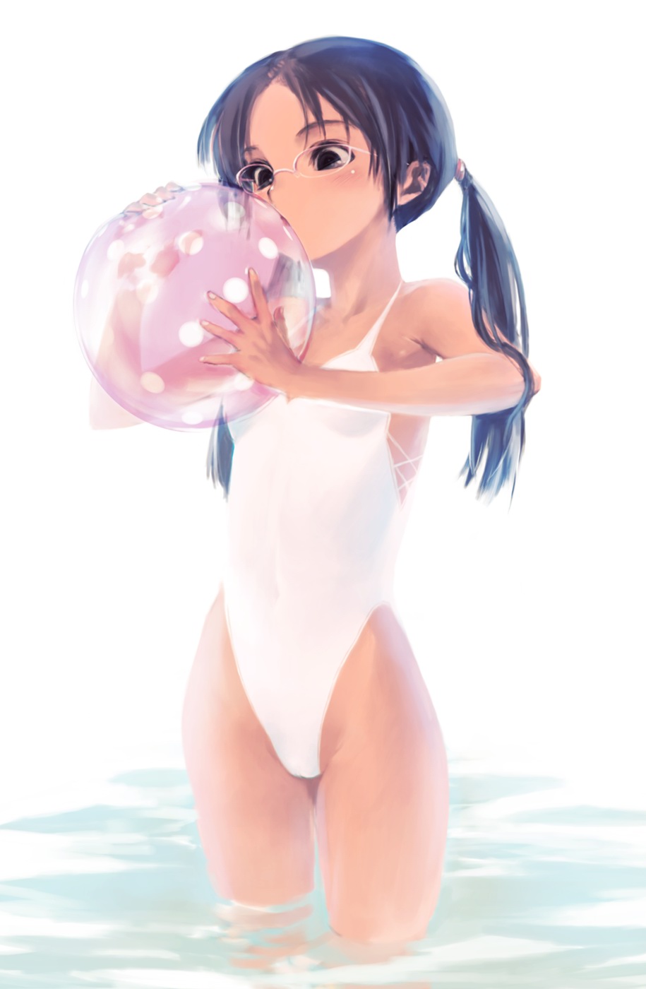 kawata hisashi, highres, 1girl, ball, bath, beachball, blue hair, glasses, highleg, one-piece swimsuit, standing, swimsuit, tan, twintails, white one-piece swimsuit