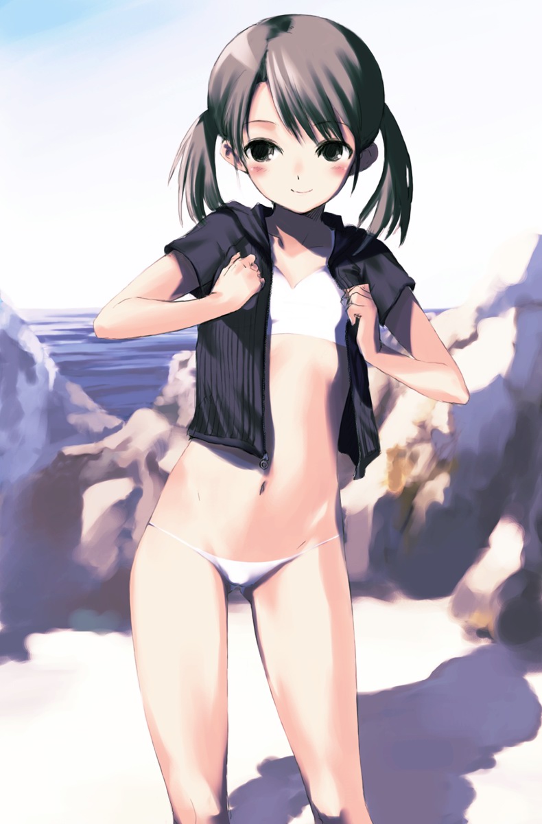 kawata hisashi, original, highres, blush, brown hair, loli, lowleg, lowleg panties, open clothes, open shirt, panties, shirt, swimsuit, twintails, underwear