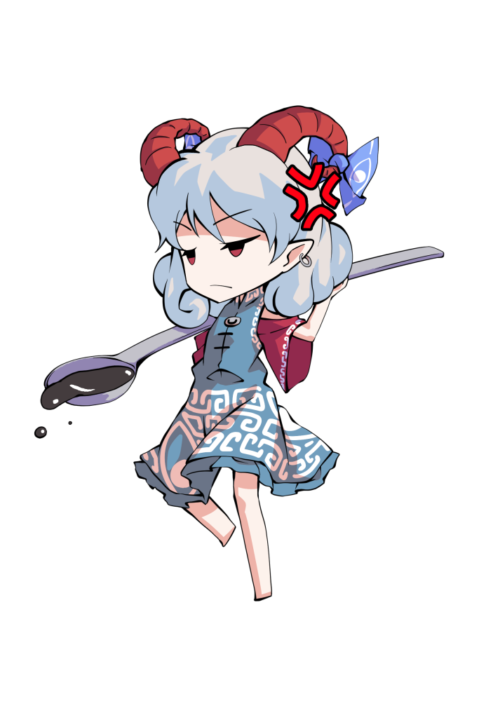 dairi, toutetsu yuuma, touhou, commentary request, large variant set, variant set, 1girl, arm up, bare shoulders, barefoot, blue dress, blue ribbon, chibi, chibi only, dress, full body, grey hair, hand up, horns, leg up, meandros, off-shoulder dress, off shoulder, petroleum, pointy ears, red sleeves, ribbon, short hair, short sleeves, solo, spoon, standing, standing on one leg, tachi-e, transparent background