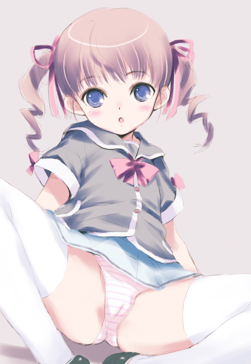 kawata hisashi, blue eyes, blush, brown hair, cameltoe, drill hair, loli, panties, ribbon, spread legs, striped clothes, striped panties, thighhighs, twintails, underwear