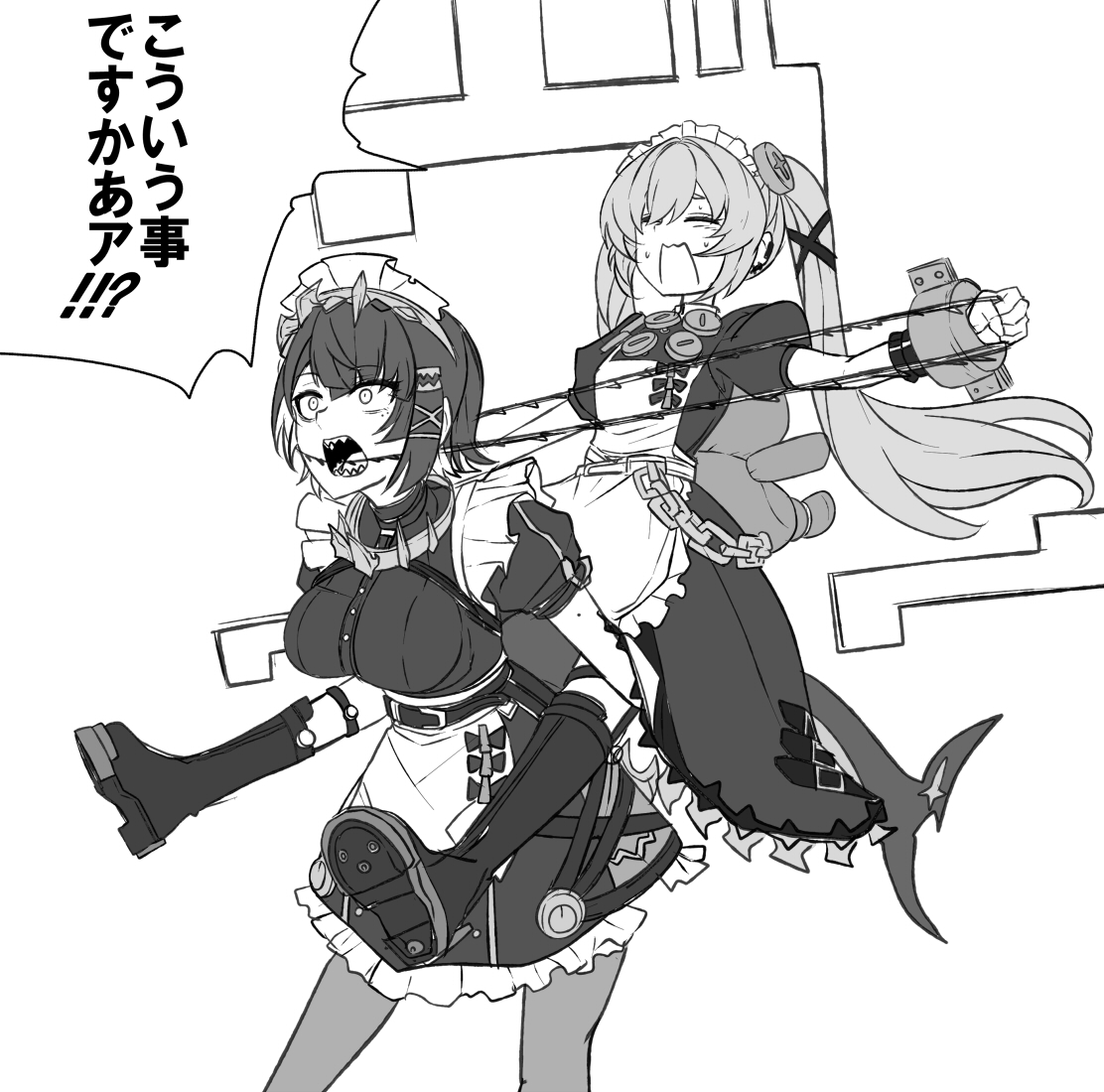 nabeiro kin, corin wickes, ellen joe, chainsaw man, zenless zone zero, hashtag-only commentary, translation request, 2girls, animal bag, bear bag, breasts, carrying, chain, cuffs, dress, fins, fish tail, hairband, metal hairband, mole, mole under eye, monochrome, multiple girls, open mouth, piggyback, puffy short sleeves, puffy sleeves, pulling, scene reference, screw hair ornament, shark girl, shark tail, sharp teeth, short sleeves, simple background, tail, teeth, twintails, white background