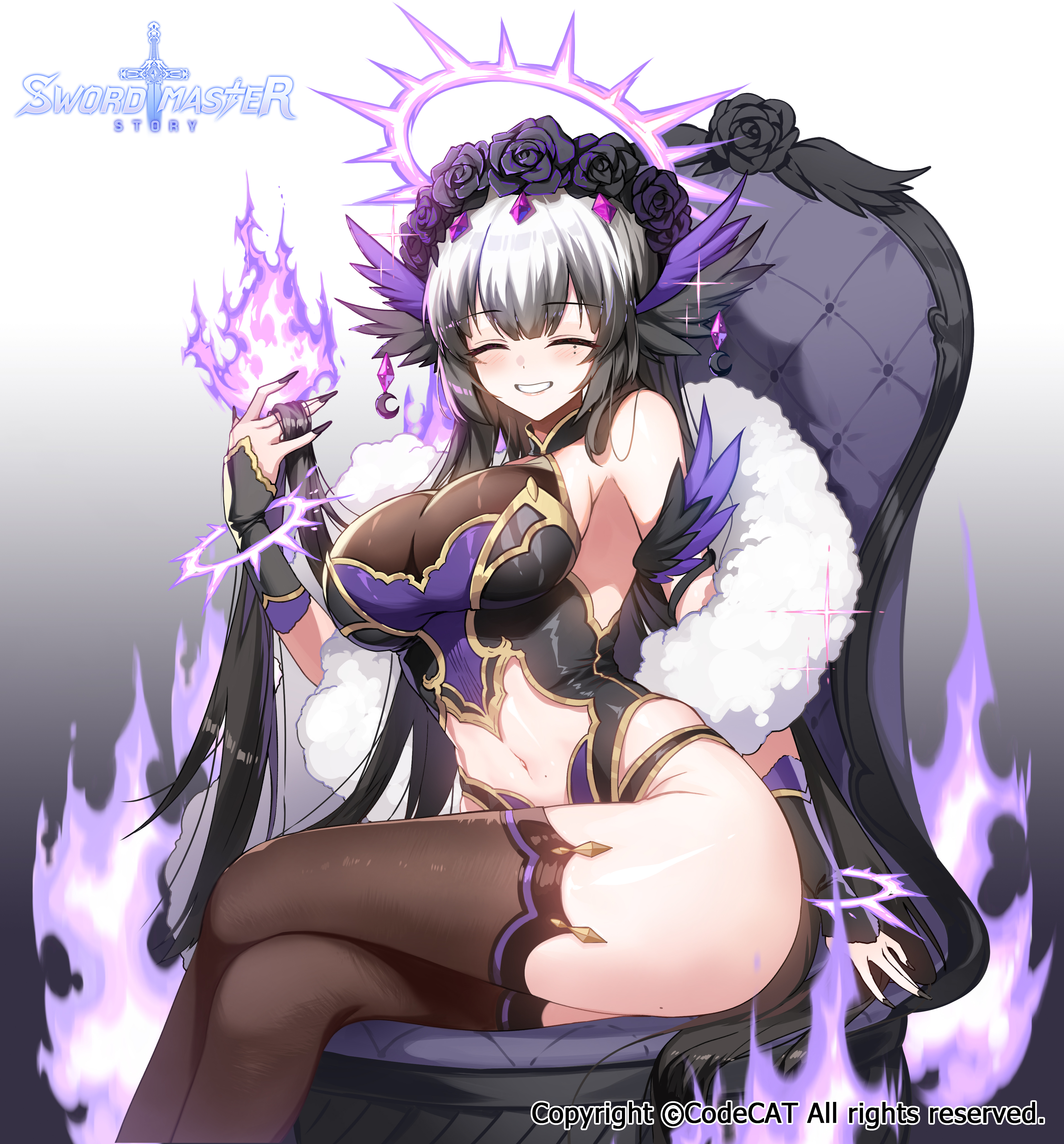 apple caramel, sword master story, absurdres, highres, official art, 1girl, armpit crease, bare shoulders, black flower, black hair, black nails, black rose, black thighhighs, breasts, bridal gauntlets, chair, cleavage, closed eyes, clothing cutout, collared leotard, cowboy shot, crescent, crossed legs, diamond (shape), feather hair ornament, feather trim, feathers, fire, flower, fur shawl, gem, gradient background, gradient hair, grey background, grey hair, grin, hades (sword master story), hair between eyes, hair flower, hair ornament, hair over shoulder, halo, hand in own hair, jewelry, large breasts, leotard, long hair, mark under eye, midriff, multicolored hair, navel, on chair, purple fire, purple gemstone, rose, see-through cleavage, see-through clothes, shawl, sitting, sleeveless, smile, solo, stomach cutout, thighhighs, thighs, tsurime, vambraces, very long hair