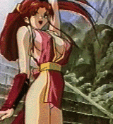 oobari masami, shiranui mai, fatal fury, fatal fury: the motion picture, snk, animated, animated gif, anime screenshot, lowres, 1990s (style), 1girl, angry, arm up, armpits, bare shoulders, blush, bouncing breasts, breasts, breasts apart, bridal gauntlets, brown hair, center opening, covered erect nipples, female focus, hair ribbon, hand on own hip, japanese clothes, large breasts, long hair, ninja, no bra, open mouth, outdoors, outstretched arm, panties, pantyshot, ponytail, retro artstyle, ribbon, rock, sash, sideboob, sidelocks, solo, stairs, standing, underwear, very long hair, white panties, wind, wind lift