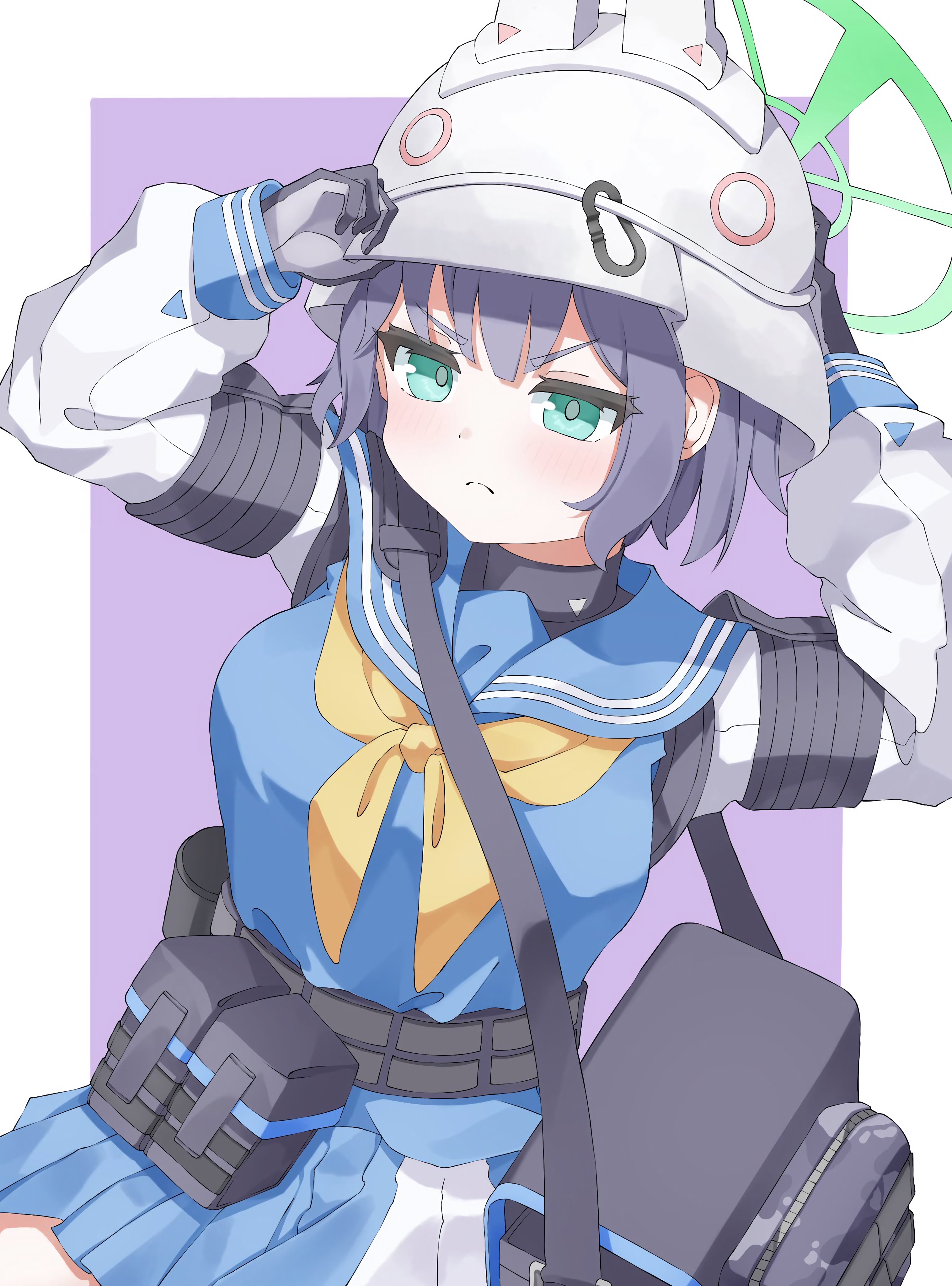 saki (blue archive), blue archive, absurdres, highres, 1girl, animal ear headwear, animal ears, bag, belt, belt pouch, black bag, black belt, black gloves, black shirt, blue eyes, blue sailor collar, blue serafuku, blue shirt, blue skirt, blush, bob cut, breasts, closed mouth, combat helmet, elbow pads, fake animal ears, full body, gloves, green halo, gun, hair between eyes, halo, hat, helmet, holding, holding unworn clothes, holding unworn hat, knee pads, large breasts, long sleeves, looking at viewer, maryo16410, neckerchief, pleated skirt, pouch, pout, purple hair, raglan sleeves, sailor collar, school uniform, serafuku, shirt, short hair, shoulder bag, simple background, skirt, sleeve cuffs, tactical clothes, tactical school uniform, turtleneck, undershirt, unworn hat, unworn headwear, v-shaped eyebrows, weapon, white helmet, yellow neckerchief