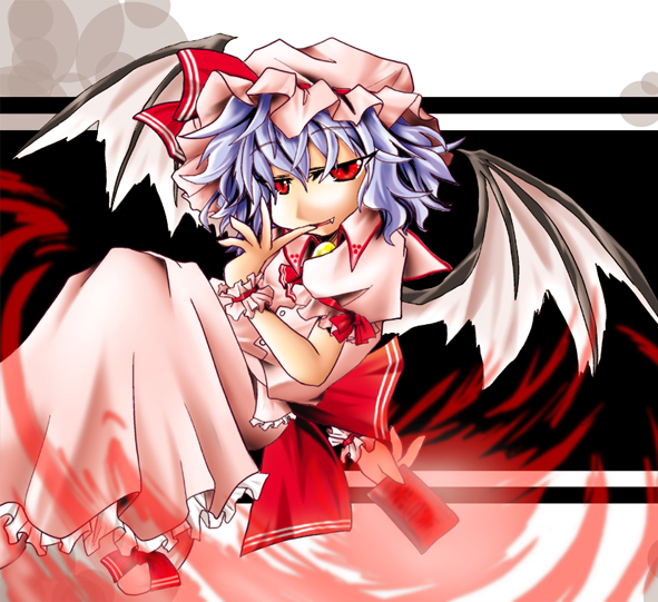 mumumu, remilia scarlet, touhou, silver hair, 1girl, bat wings, dress, female focus, hat, looking at viewer, mob cap, pink dress, puffy short sleeves, puffy sleeves, red eyes, short hair, short sleeves, solo, vampire, wings