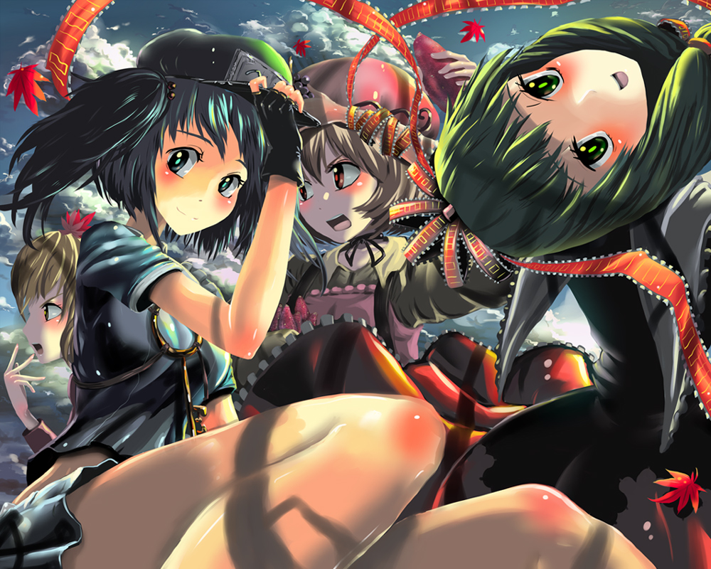 kabutoyama, aki minoriko, aki shizuha, kagiyama hina, kawashiro nitori, touhou, looking away, 4girls, adapted costume, angry, averting eyes, blonde hair, blue hair, female focus, fingerless gloves, flying, food, front ponytail, gloves, green eyes, green hair, hair bobbles, hair ornament, hair ribbon, hand on headwear, hand to own mouth, hat, key, knees, leaf, legs, long hair, long sleeves, looking at viewer, maple leaf, miniskirt, multiple girls, profile, red eyes, ribbon, short hair, siblings, sisters, skirt, skirt set, sky, smile, sweet potato, twintails, two side up, upside-down