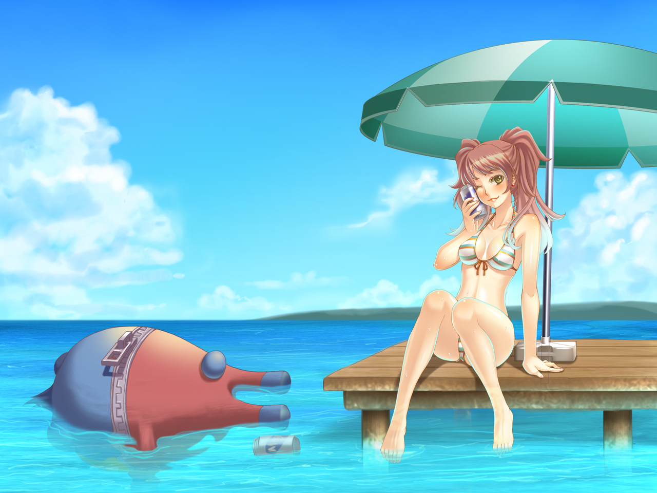 terumii, kujikawa rise, atlus, persona, persona 4, bad id, bad pixiv id, 1girl, bikini, breasts, brown hair, can, cleavage, day, drink can, earrings, female focus, jewelry, one eye closed, short hair, sitting, soaking feet, soda can, solo, string bikini, striped bikini, striped clothes, swimsuit, twintails, umbrella, water, wink, yellow eyes
