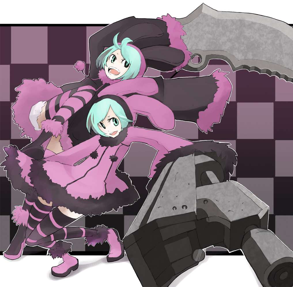 tansuke, luki, noki, dogs: bullets & carnage, striped legwear, aqua eyes, aqua hair, gun, huge weapon, short hair, striped clothes, striped thighhighs, thighhighs, weapon