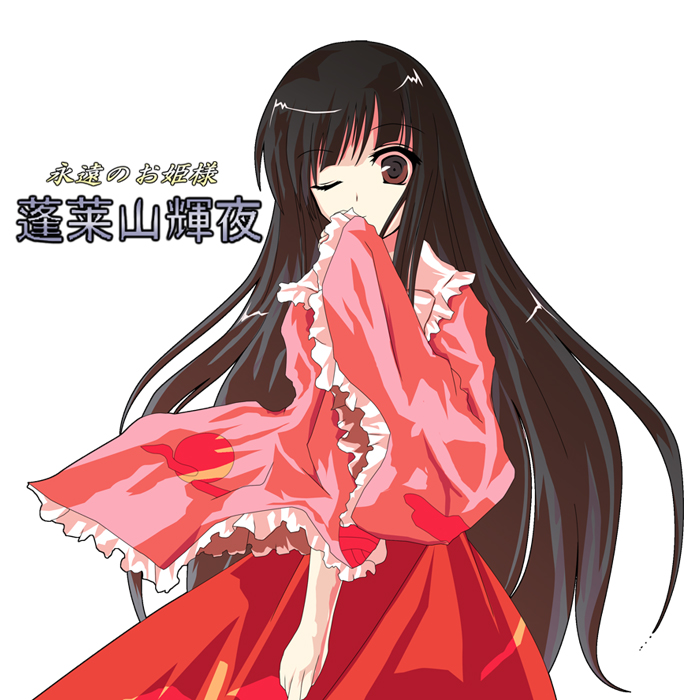 syarute, houraisan kaguya, touhou, 1girl, alphes (style), black hair, brown eyes, character name, female focus, lace, long hair, one eye closed, parody, solo, style parody, very long hair, wink