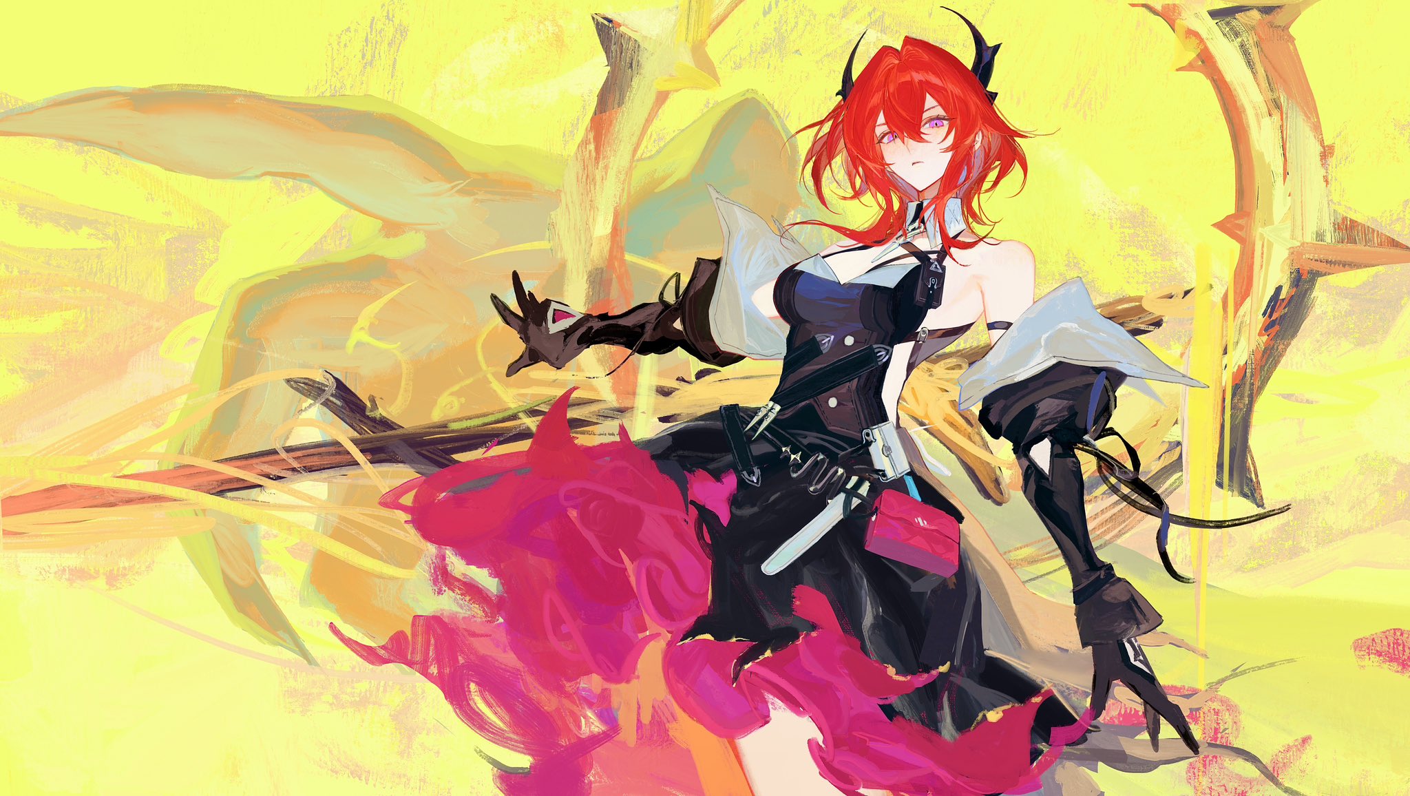 kaido jun, laevatein (arknights), surtr (arknights), arknights, arknights: endfield, highres, black dress, black horns, detached sleeves, dress, hair intakes, horns, purple eyes, red hair, solo, sword, weapon, yellow background