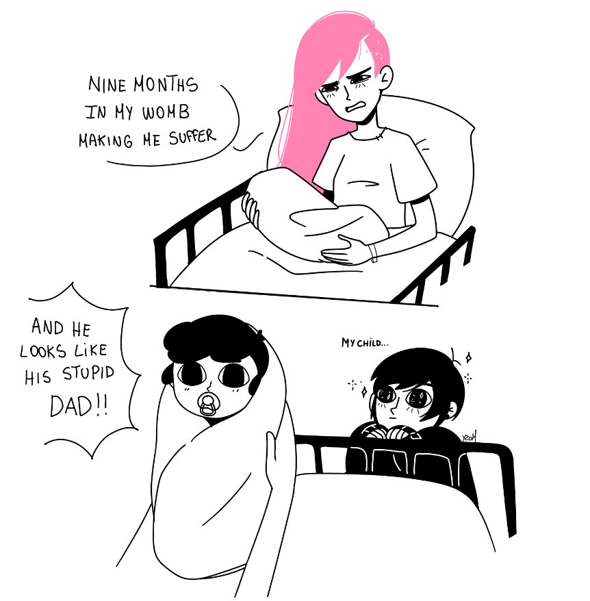 omori, 1girl, 2boys, baby, bed, black eyes, black hair, blush, english text, long hair, meme, multiple boys, omoriboy, pillow, pink hair, short hair, yzomiris